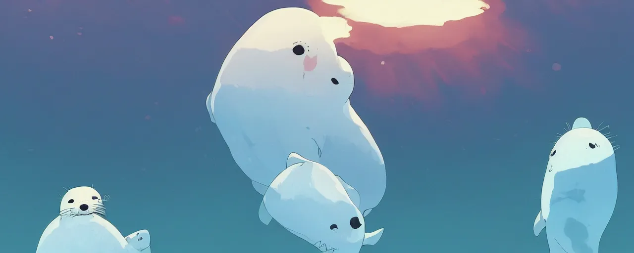 Image similar to a dead baby harp seal on the bottom of the ocean, atey ghailan, goro fujita, studio ghibli, rim light, dark lighting, clear focus, very coherent,