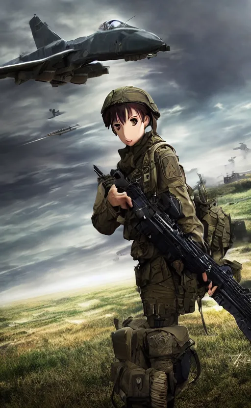 Prompt: girl, trading card front, future soldier clothing, future combat gear, realistic anatomy, war photo, professional, by ufotable anime studio, green screen, volumetric lights, stunning, military camp in the background, metal hard surfaces, generate realistic face, brown eyes, strafing attack plane