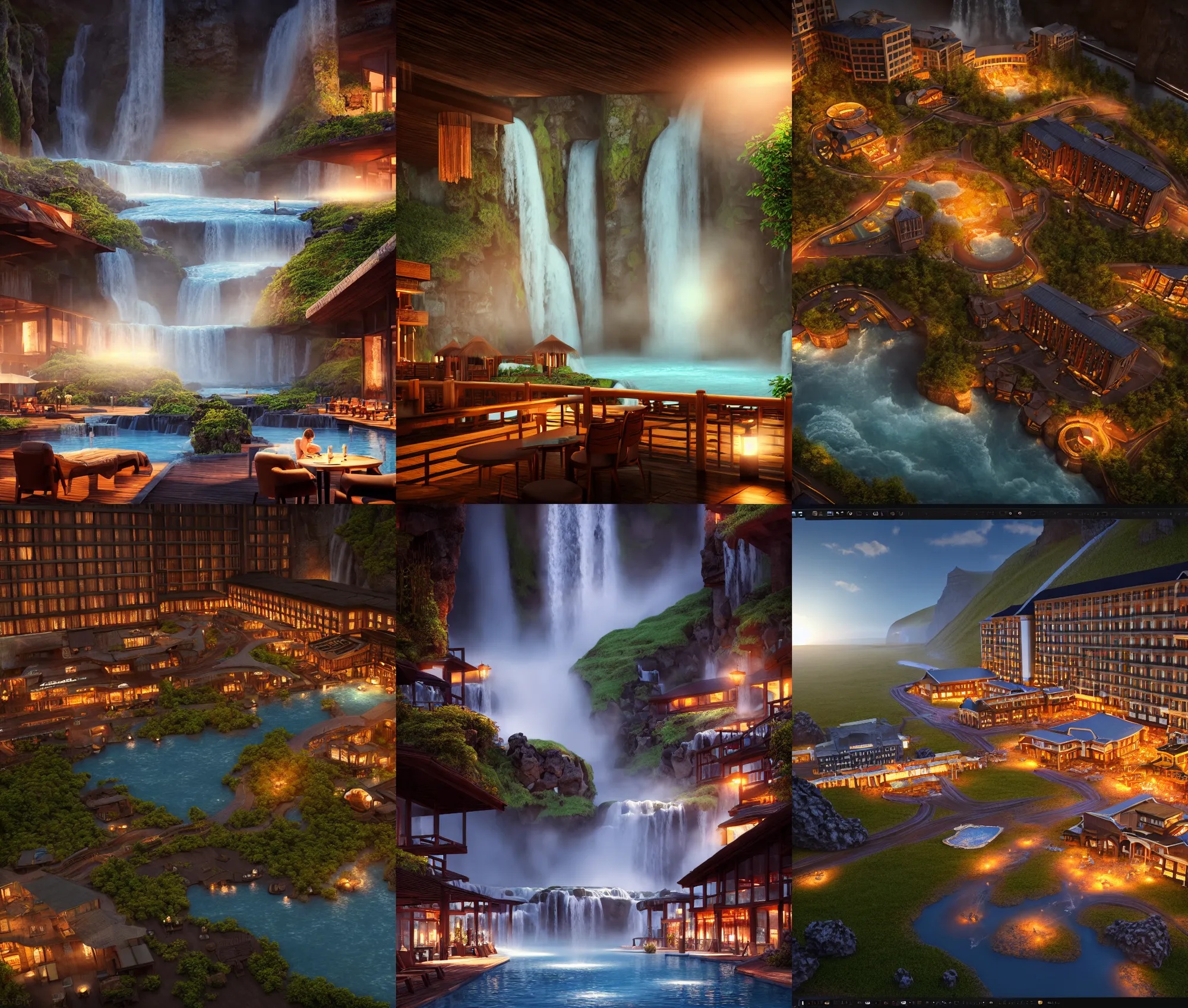 Prompt: establishing wide shot inside resort hotel, beside the combination of iceland hot springs and yangtze river waterfalls, movie still, beautiful night light, soft sunbeam, travel ad, detailed concept art, artstation, realistic, fine details, 4 k, unreal engine, hyperrealism, detailed textures