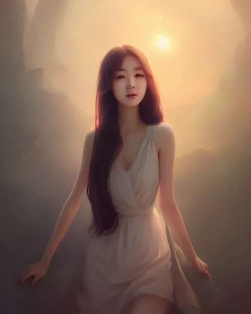 Prompt: A beautiful, young, elegant Korean girl, gorgeous atmosphere, matte painting, concept art, smooth, by Ina Wong and wlop, trending on cgsociety and artstation，8kHDR, light effect