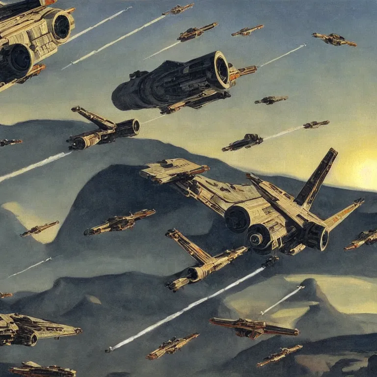 Prompt: Lush Painting of an Armada of X-Wing Fighters attacking the Death Star above the hills of Ancient Rome, oil painting by Edward Hopper shocking detail Cinematic lighting