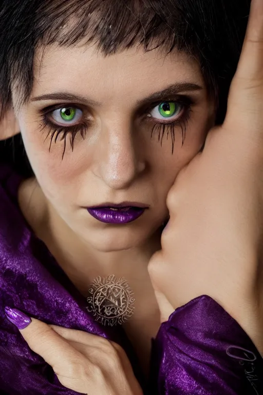 Image similar to highly detailed close up, elder ring, portrait photo of female forest elf black hair, purple eyes, black dress, with scar dramatic light, 8 k, by william didier