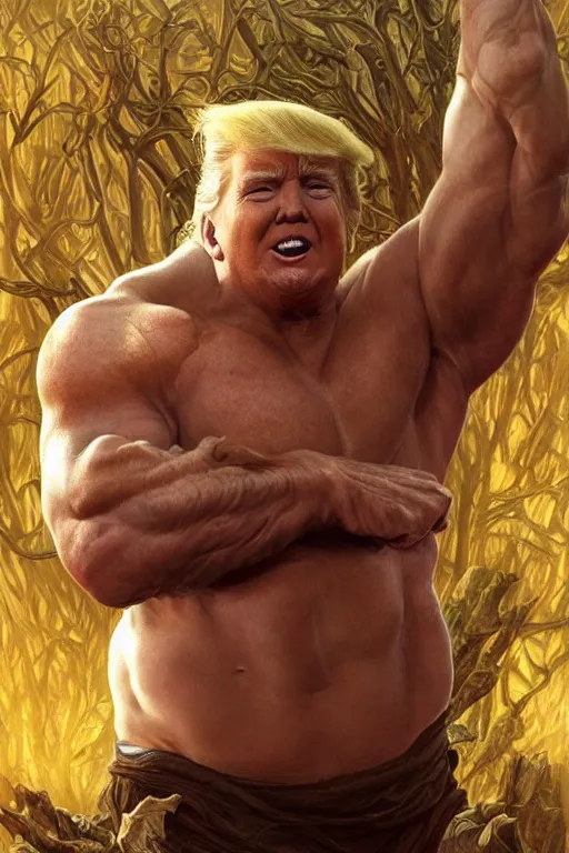 Image similar to portrait of donald trump as a hulking herculean demon, forest, godlike, full body, fantasy, intricate, elegant, highly detailed, digital painting, artstation, concept art, sharp focus, illustration, art by artgerm and greg rutkowski and alphonse mucha