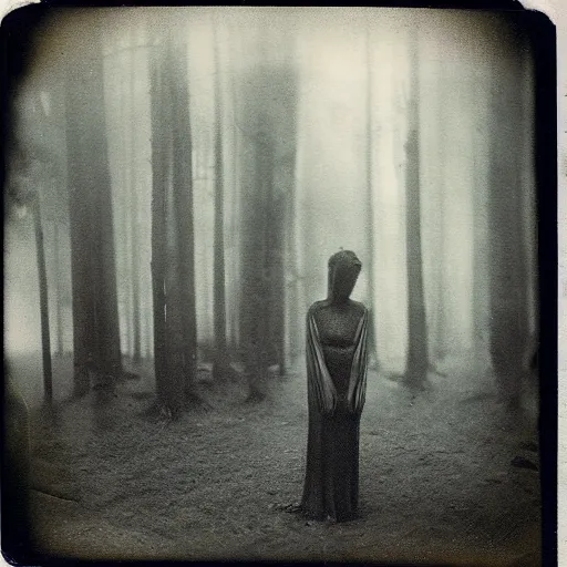 Image similar to an ancient evil-girl on a mysterious fractal forest, mist, 1910 polaroid photography, grainy film, Black and white