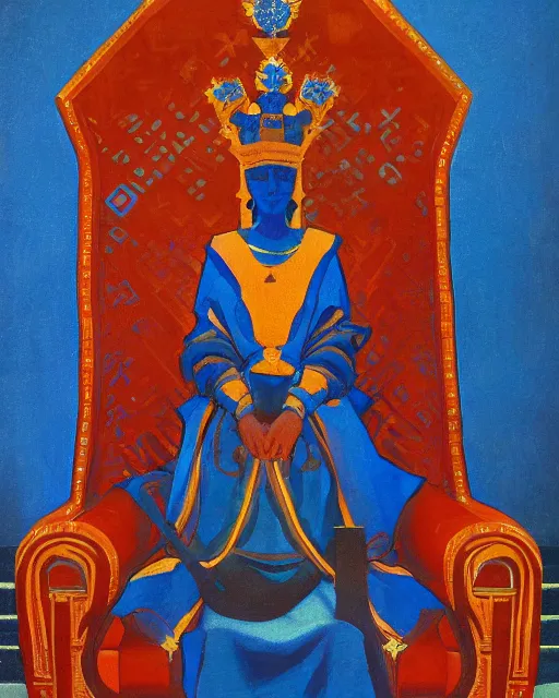 Image similar to an illustration of a queen on a throne at night by nicholas roerich, realistic, detailed, oil painting, 1 9 th