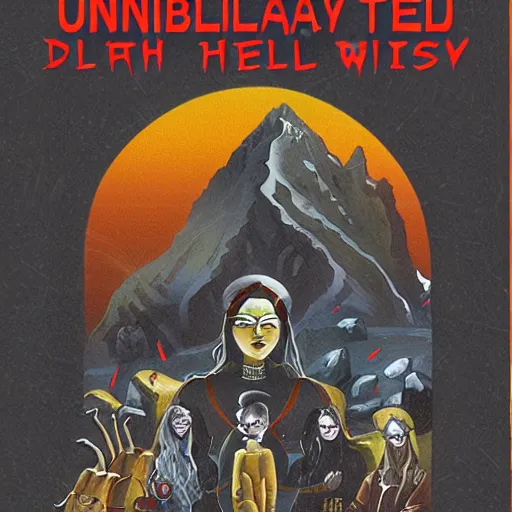 Image similar to illustrated book cover for The Unholy Mountain, dark fantasy, Antarctic