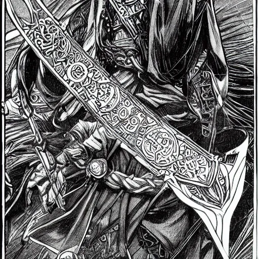 Prompt: highly detailed perspective magic sword drawing black and white goetic pen and ink manga panel by hiroya oku!! mucha sword concept art design still life