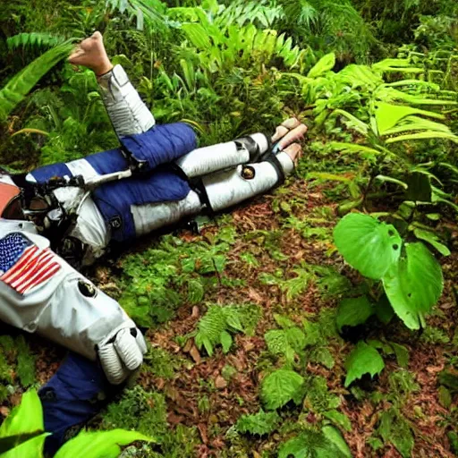 Prompt: astronaut crashed in tropical forest in outerspace