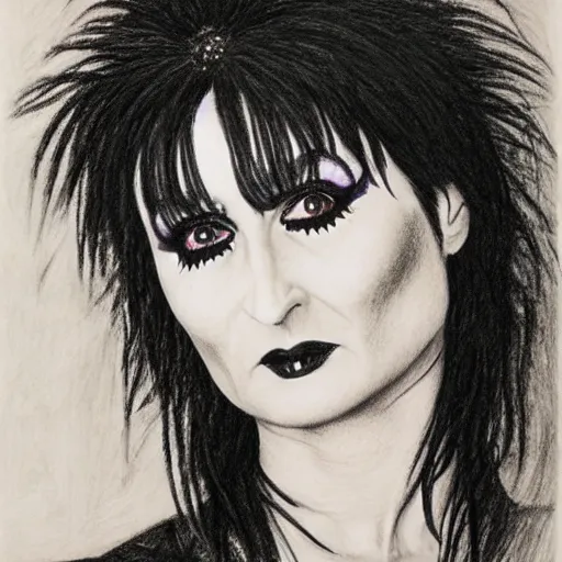 Image similar to a highly detailed pencil drawing of Siouxsie Sioux