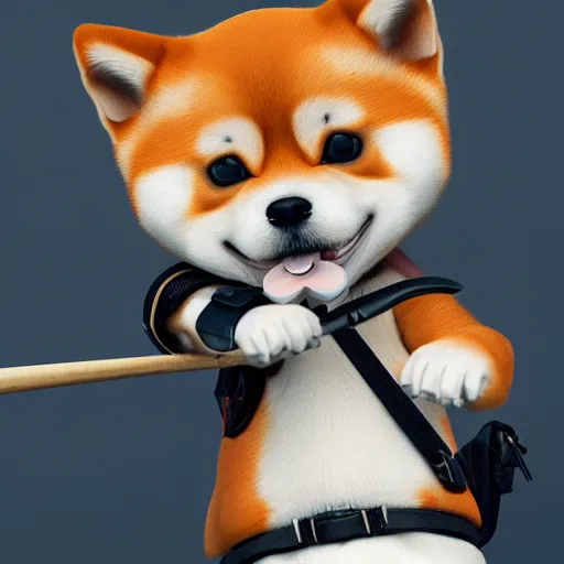 Image similar to shiba inu holding a baseball bat on his hand, police outfit, cinematic lightning, 4 k, ultra detailed, trending on artstation, anime, masterpiece, digital art.