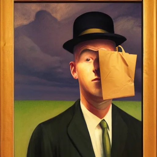 Image similar to a portrait painting of a detective with a paper bag over his head, the man is surrounded by clouds, Edward hopper, Rene Magritte, 4k,