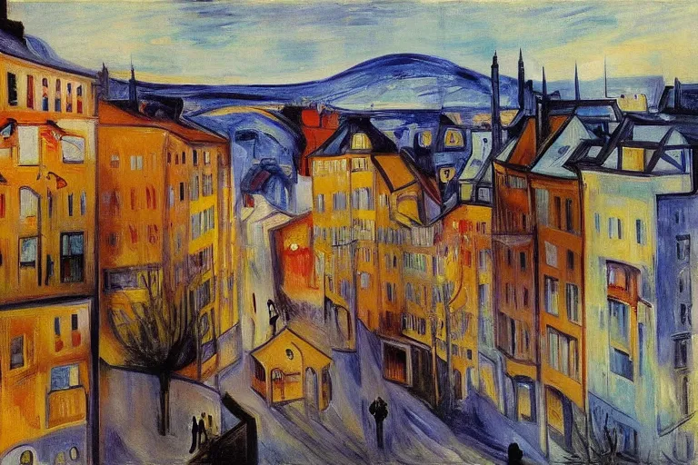 Prompt: unique shops, apartment towers, and cute townhouses along a city street, oil painting by edvard munch