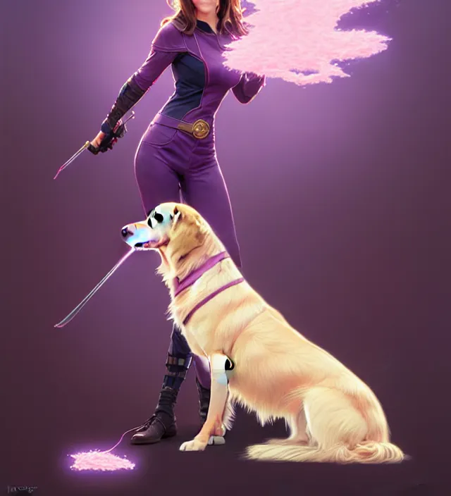 Image similar to Kate Bishop petting Golden Retriever Dog, Marvel, Hawkeye, blush, intricate, cute, elegant, light purple mist, highly detailed, digital painting, artstation, concept art, matte, sharp focus, illustration, art by Artgerm and Greg Rutkowski and Alphonse Mucha