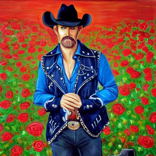 Image similar to a painting of a tall man with blue eyes that is wearing a cowboy hat and a leather vest. He is holding a revolver in his left hand and a rose is in his right hand. He is standing in a field of roses.