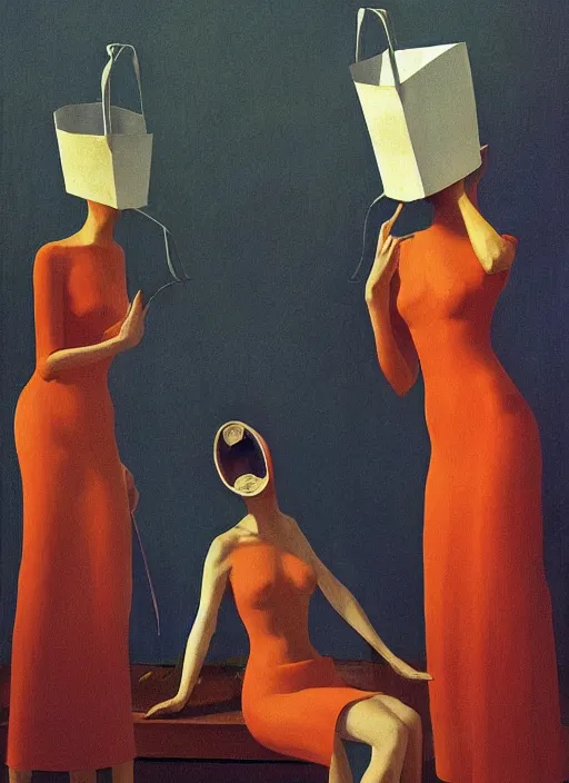 Image similar to women in paper bag over the head and a sward at catwalk restaurant Edward Hopper and James Gilleard, Zdzislaw Beksinski, highly detailed