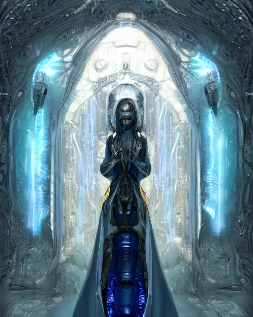 Prompt: detailed portrait of a beautyful cyber noun, necromancer, benevolent, scifi, futuristic, elegant cape, year 2 1 0 0, elegant, alien room background, white, blue, gold, trending on artstation, so - s 1 4 8 ft light, holy machine, advanced technology, art by vitaly bulgarov and nivanh chanthara