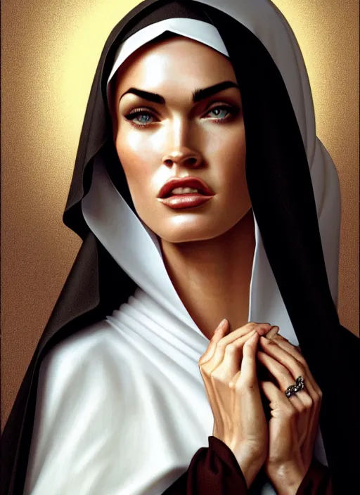 Image similar to portrait of megan fox as a sultry nun, catholic, church, bible, christianism, praying, intrigante, headshot, highly detailed, digital painting, artstation, concept art, sharp focus, cinematic lighting, illustration, art by artgerm and greg rutkowski, alphonse mucha, cgsociety