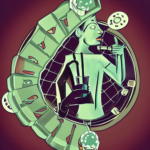 Prompt: humanoid discord logo gambling, drinking alcohol and smoking in New York City, decade 20s, old film, digital fantasy art, trending in deviantart, hyperdetailed, high quality, cinematic