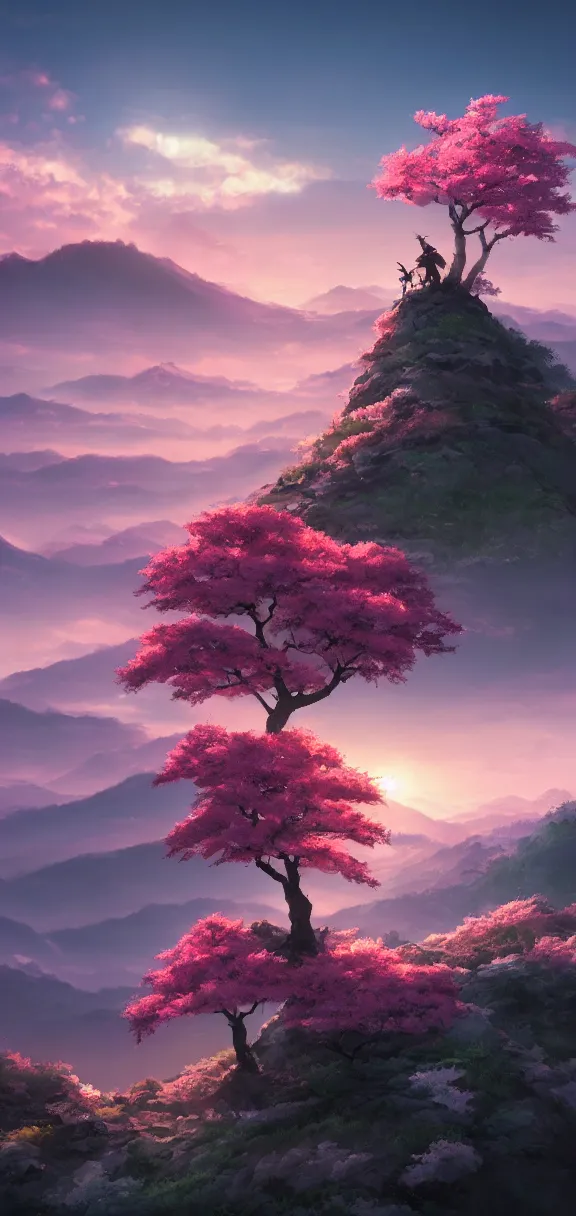 Image similar to samurai resting on a mountain top, cool dawn sky, sakura tree by sylvain sarrailh, rossdraws, ambient light, ultra detailed, fantasy artwork, 8 k, volumetric lighting, trending on artstation, award winning, very beautiful.