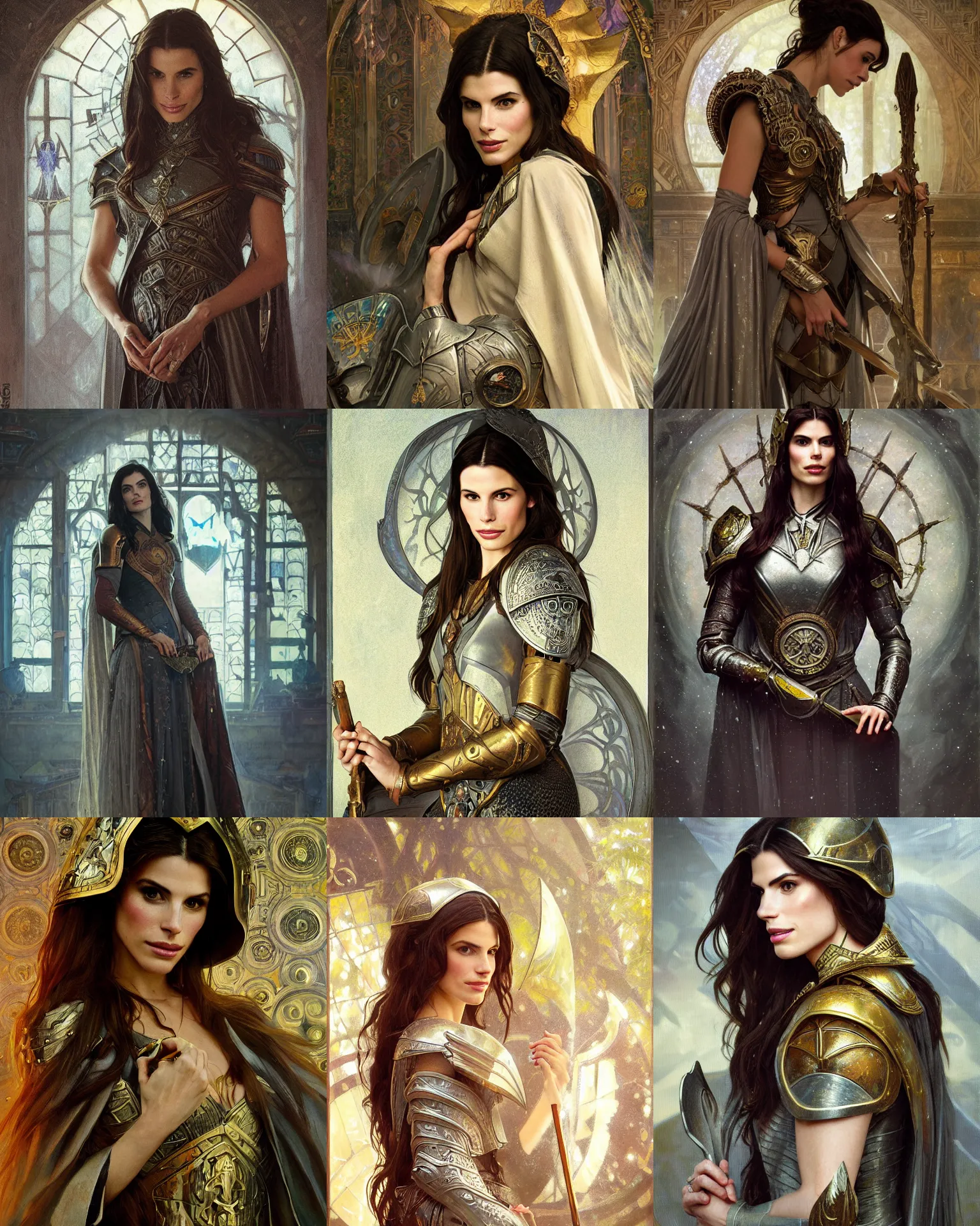 Prompt: portrait of meghan ory, armor, helmet, gray robes, runes, jewelry, mystical, ethereal, magical library bokeh, painting by greg rutkowski and alphonse mucha