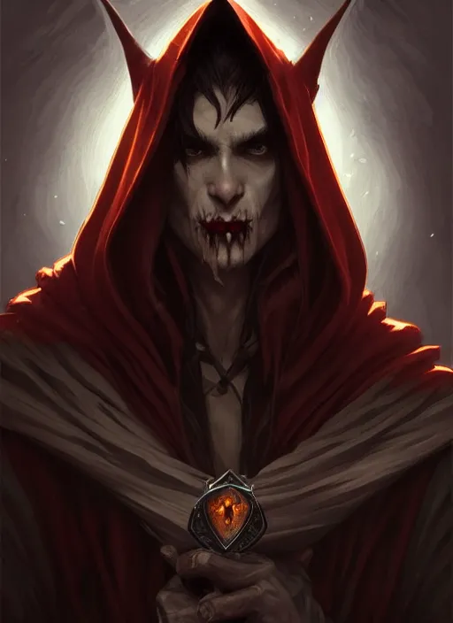 Prompt: hooded male vampire, deep focus, d & d, fantasy, intricate, elegant, highly detailed, digital painting, artstation, concept art, matte, sharp focus, illustration, hearthstone, art by artgerm and greg rutkowski and alphonse mucha