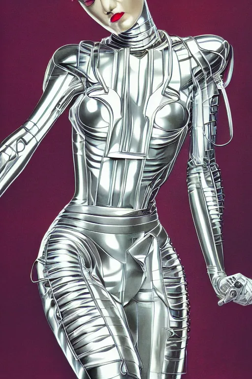 Image similar to portrait of a metal woman in the style of hajime sorayama, editorial photography from vogue magazine, photography