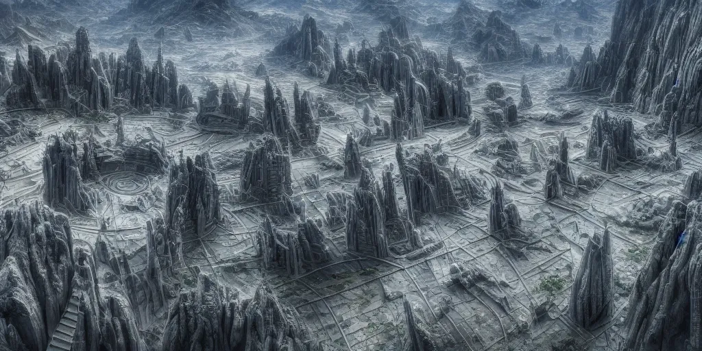 Image similar to ultra detailed, futuristic megalopolis carved into mountain wall, star wars, mandalorean, sci-fi, fantasy, dystopian, intricate details, monumental, photorealistic, surreal, artstation, concept art, smooth, sharp focus, atmospheric, hyperdetailed, Unreal Engine 5, cinema 4D, zbrush, octane render, Photorealism, 8k, cinematic, art by h.r. giger and artgerm and greg rutkowski and alphonse mucha and loish and WLOP