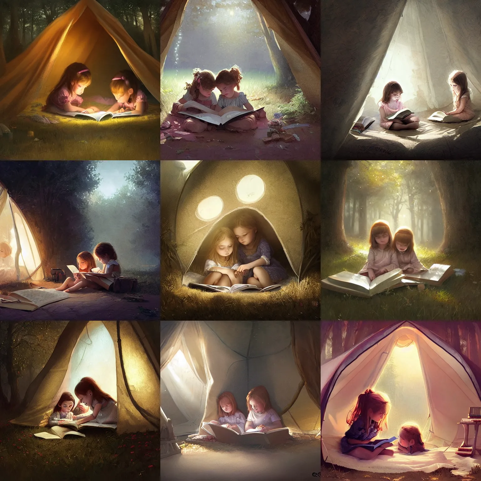 Prompt: two cute little girls reading a book inside a tent. soft lighting. magical atmosphere. highly detailed digital painting by greg rutkowski.