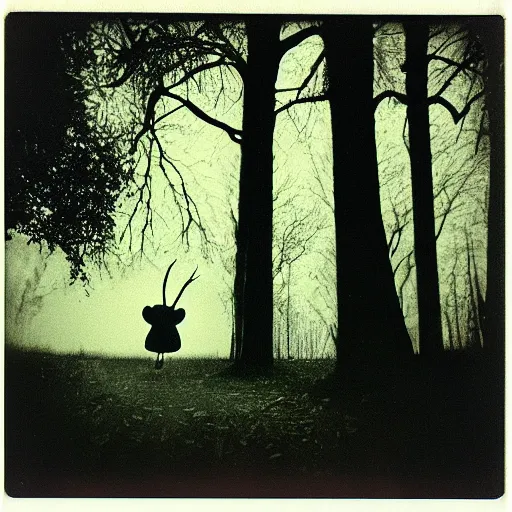 Image similar to eerie polaroid of a creepy clown peaking out from behind a tree in a forest at dusk