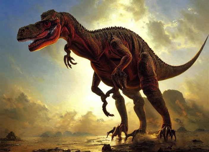 Prompt: oil painting of a dinosaur on canvas, by James gurney, realism, warm lighting, award winning, high detail, professional, volumetric lighting