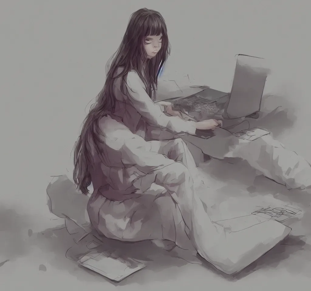 Prompt: girl in pyjamas sitting at computer, rings around tired eyes, early morning, digital art, drawing, artstation