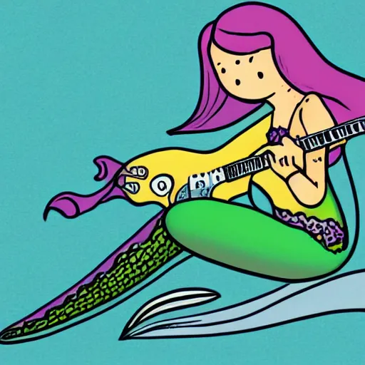 Image similar to illustration of a mermaid playing an stratocaster electric guitar, by Bill Watterson