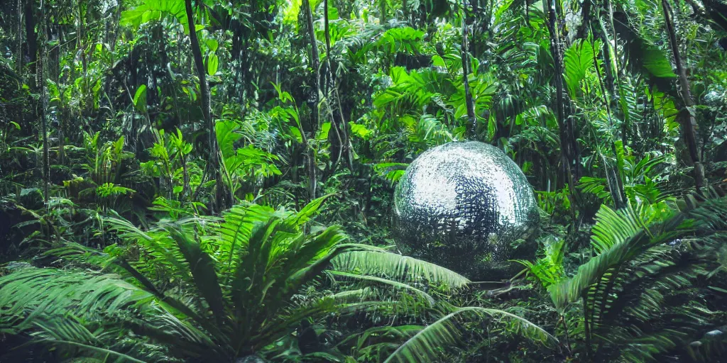 Image similar to photo of a chrome blob deep in tropical jungle, sharp wide shot