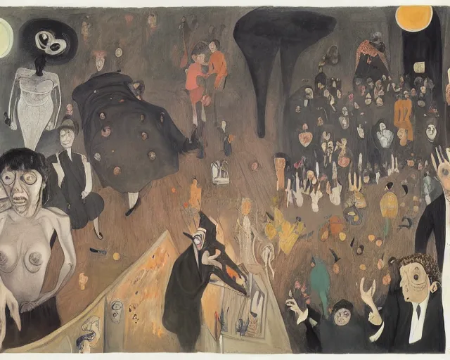 Image similar to the horror of beaurocracy, papers, horror, desk, stress, frustration, anger, crowded, harsh cinematic lighting, high qulity, 4 k, by charles addams and hilma af klint and affandi