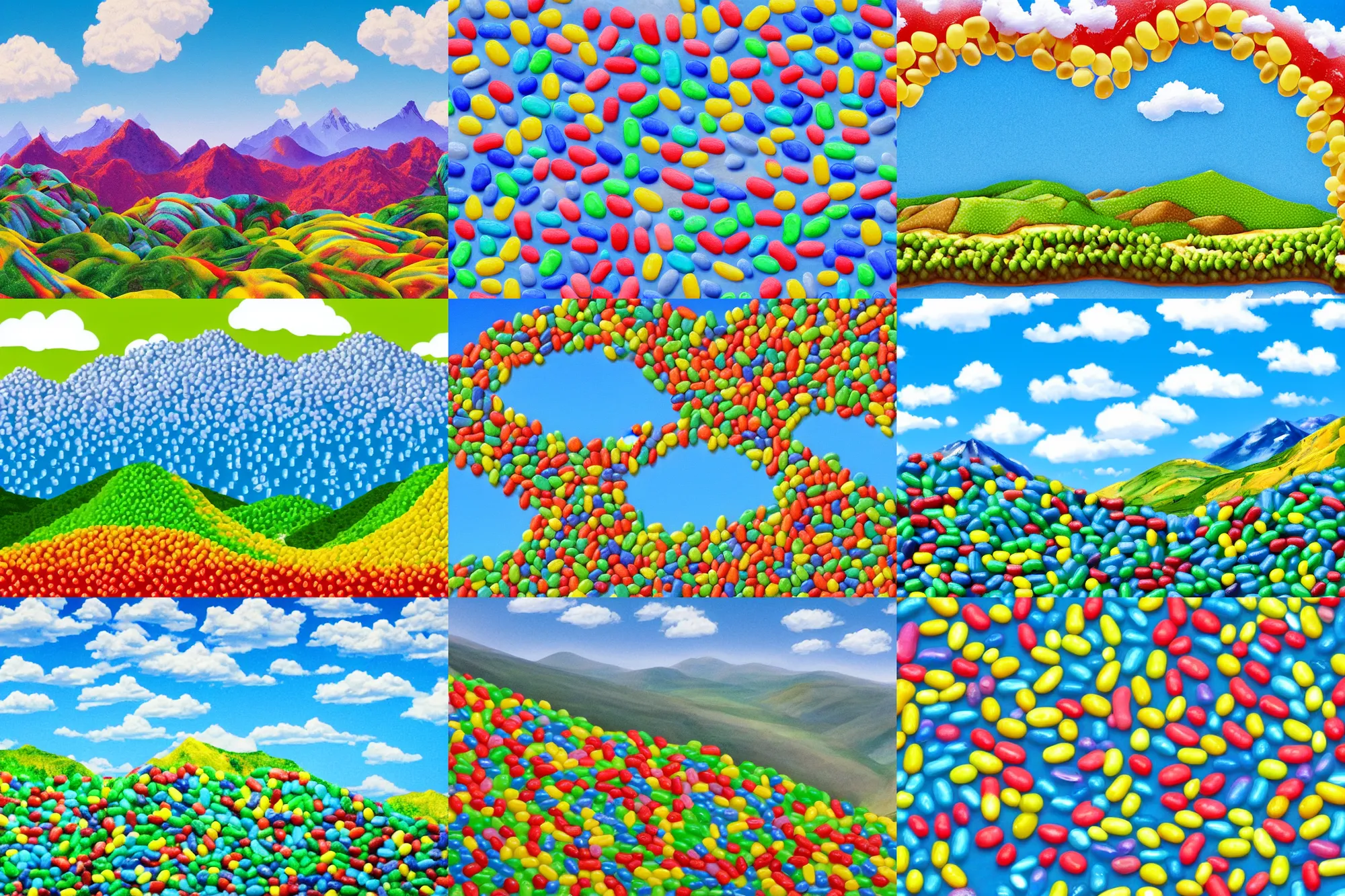 Prompt: a landscape of mountains made of jelly beans on a sunny day, blue sky, in the style of the default windows wallpaper bliss