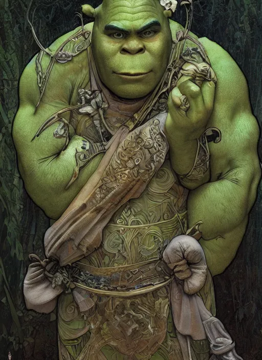 Image similar to Shrek as God of Swamp, brutal, epic, intricate, elegant, highly detailed, digital painting, 4k, HDR, concept art, smooth, sharp focus, illustration, art by alphonse mucha,artgerm, H R Giger