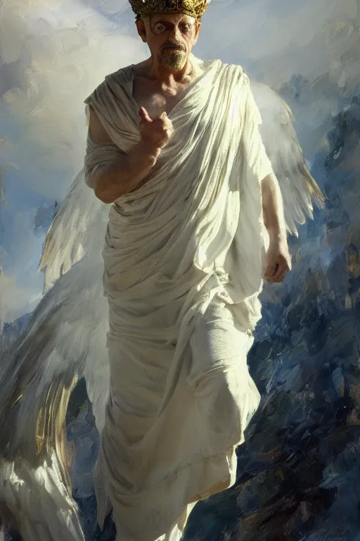 Image similar to beautiful detailed expressive impressionistic oil painting portrait of ancient roman god emperor steve buscemi levitating in angelic pose wearing the civic crown, art by anders zorn, wonderful masterpiece by greg rutkowski, expressive brush strokes, beautiful cinematic light, american romanticism by greg manchess, jessica rossier