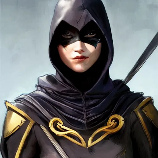 Prompt: Cassandra Cain (Batgirl) as an Assassin from Assassin's Creed, wearing a hood with pointy ears, without q mask, portrait, highly detailed, digital painting, artstation, concept art, sharp focus, illustration, cinematic lighting, art by artgerm and greg rutkowski and alphonse mucha