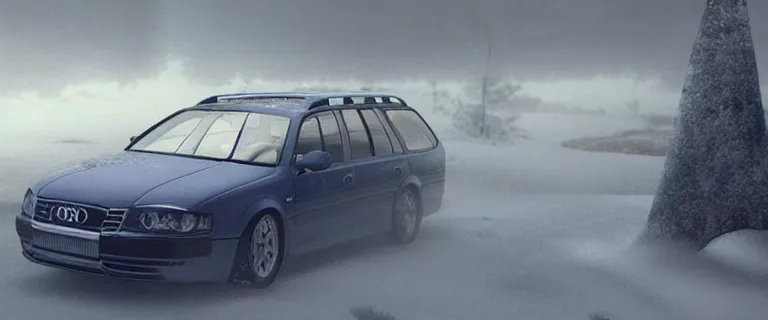 Image similar to Audi A4 B6 Avant (2002), a gritty neo-noir, dramatic lighting, cinematic, eerie person, death, homicide, homicide in the snow, gunshots, establishing shot, extremely high detail, photorealistic, cinematic lighting, artstation, by simon stalenhag, Max Payne (PC) (2001) winter New York at night, In the style of Max Payne 1 graphic novel, flashing lights, Poets of the Fall - Late Goodbye