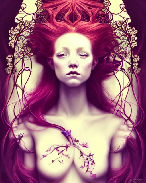 Image similar to Beautiful, evil and playful ethereal ginger portrait, art nouveau, fantasy, intricate flower designs, elegant, highly detailed, sharp focus, art by Artgerm and Mat collishaw and WLOP