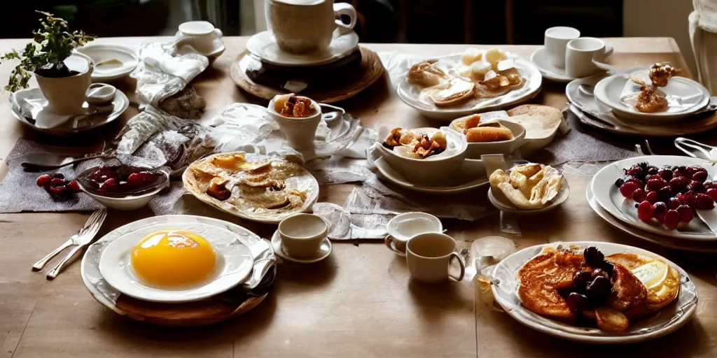 Prompt: a table with a delicious breakfast, morning light