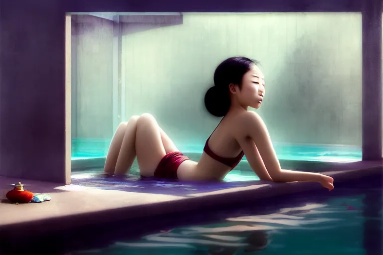 Image similar to Asian girls dreaming of blooming at a swimming pool, dark mood, John Singer Sargant, by Bastien Lecouffe-Deharme, James Jean, Edward Hopper, trending on artstation, Peter Doig, 4k, 8k, HD