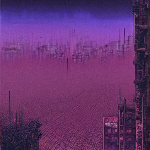 Image similar to purple cyberpunk city, by Beksinski and Hokusai