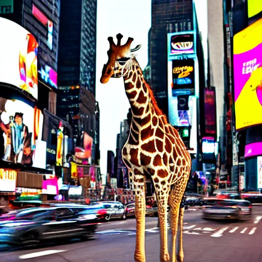 Image similar to a still of a giraffe stand in the intersection at times square. motion blur