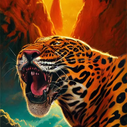 Image similar to mighty jaguar in summer nigt, beautiful colours, sharp textures, biotechnology, nikolay georgiev, alex ross, bruce pennington, donato giancola, larry elmore, masterpiece, oils on canvas, trending on artstation, featured on pixiv, cinematic composition, sharp, details, hyper - detailed, hd, hdr, 4 k, 8 k