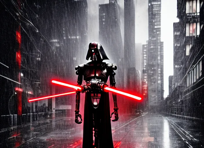 Image similar to 3 5 mm portrait photo of amgry general grievous with heavy duty biomechanical cybernetic body with 4 arms holding 4 activated red lightsabers in the city in the rain. cyberpunk horror style.