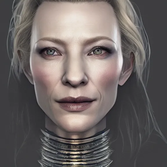 Image similar to a centered symmetrical portrait of cate blanchett as a necromancer, hyper detailed, facial texture, cinematic light, octane render, artstation