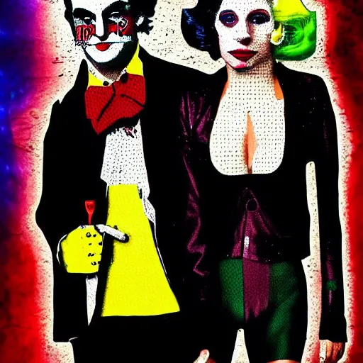 Image similar to mimmo rottela and banksy as joaquin phoenix skinny joker holding hand lady gaga harley queen, ultra photorealistic, intricate details, pop art style, concept art, random object movement, 3 colors, 4 k, smooth, sharp focus