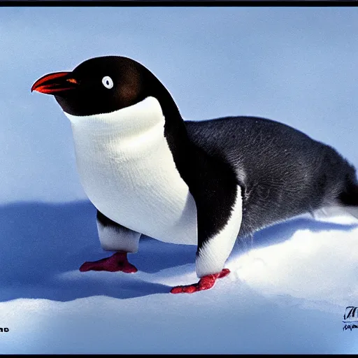 Image similar to hyperrealistic photo of pingu in real life, an arctic wildlife photographer's picture, extremely detailed, impressive shading, snowscapes in the beakground