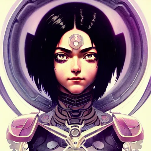 Prompt: Character Portrait of Battle Angel Alita surrounded by geometric nodes, face, fantasy, intricate, elegant, highly detailed, digital painting, artstation, concept art, smooth, sharp focus, illustration, art by Oscar Chichoni and Fernanda Suarez and Artem Demura and alphonse mucha